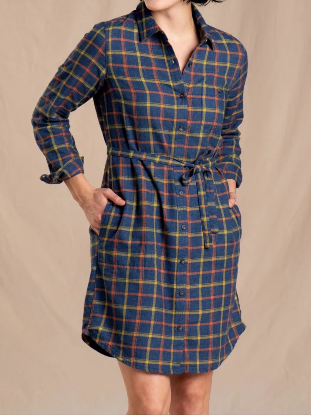 Toad&Co Re-form Flannel Blue Plaid Button-Down Shirt Dress with Tie Waist